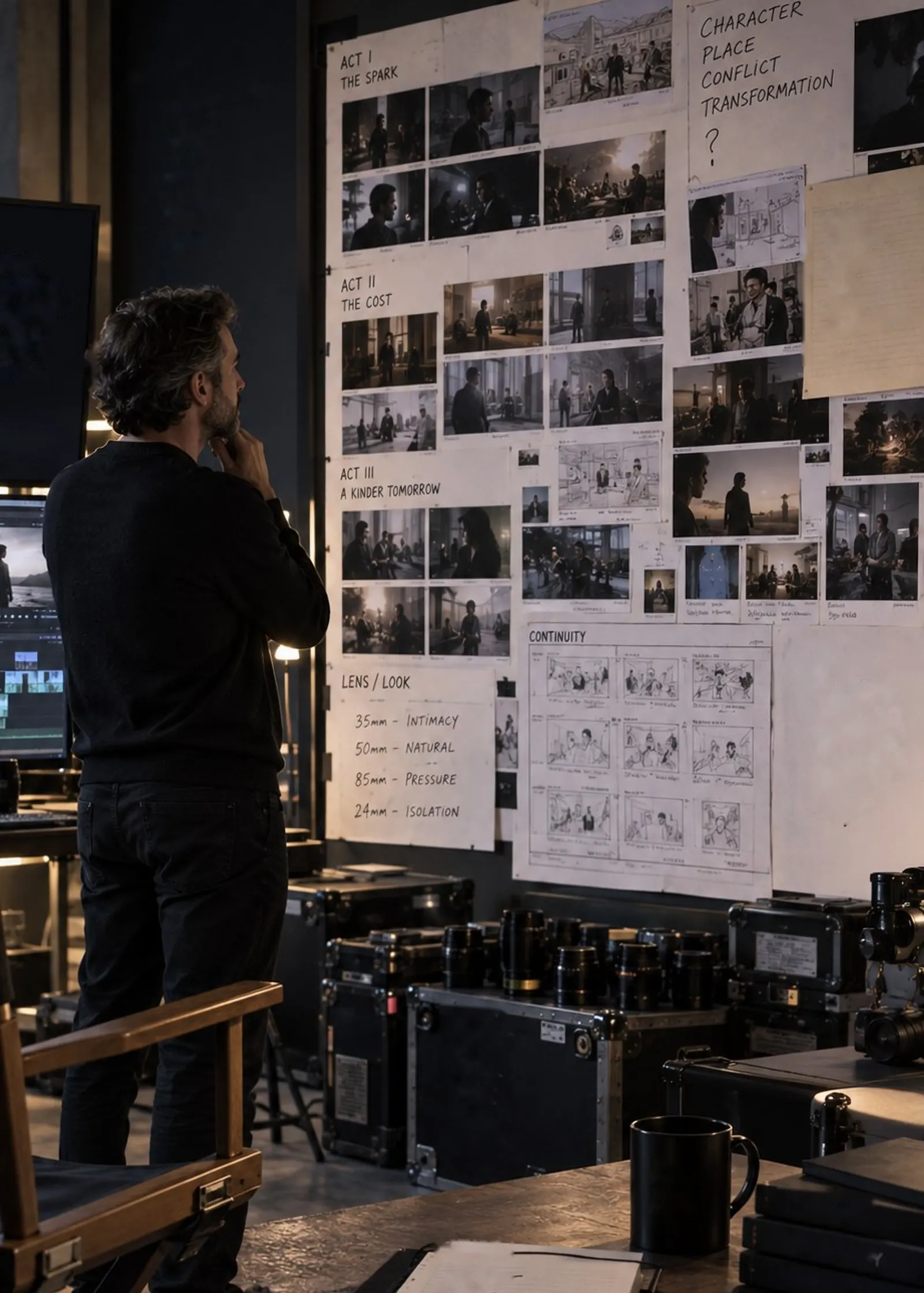 A director studies a storyboard wall of approved shots, acts and lens choices
